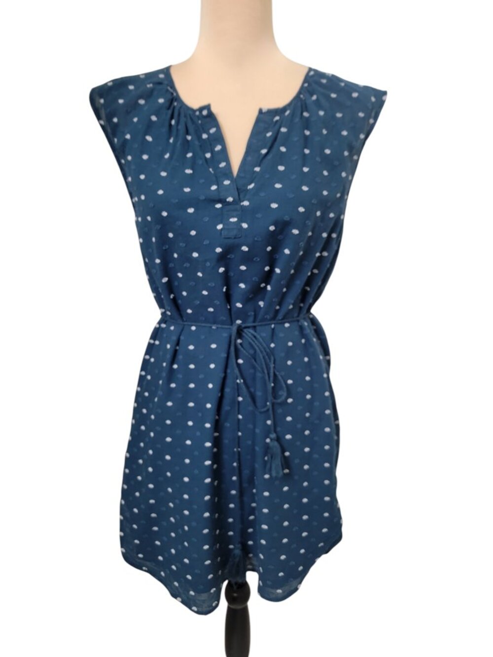 LOFT Size SP Blue with White Textured Polka Dot Pattern Mini Dress, Sleeveless